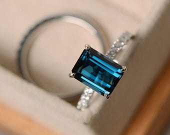 London blue topaz bridal set, sterling silver, emerald cut, wedding ring set, November birthstone ring