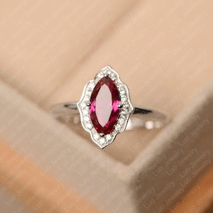 Lab red ruby ring, marquise cut July birthstone ring,  white gold engagement ring