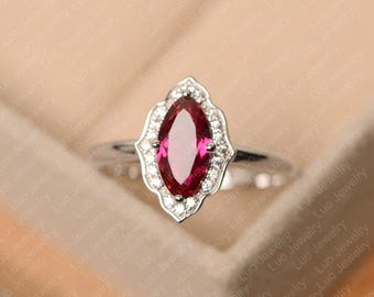Lab red ruby ring, marquise cut July birthstone ring,  white gold engagement ring