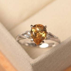 Genuine natural citrine proposal ring, sterling silver, water drop shaped,November birthstone, three stone ring