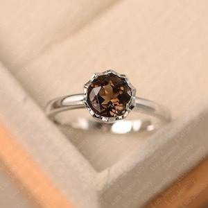 Brown smoky quartz ring, round cut, sterling silver, solitaire anniversary ring for women
