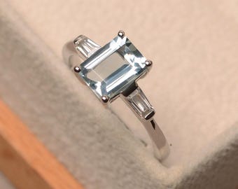 Natural aquamarine ring, emerald cut blue gemstone, engagement ring,March birthstone, sterling silver,funny gift