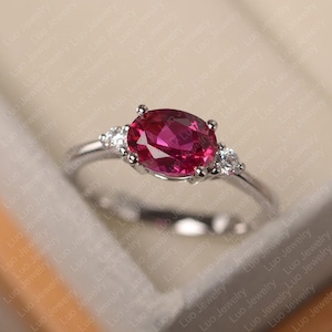 Lab ruby engagement ring, oval cut July birthstone ring, sterling silver wedding ring for women
