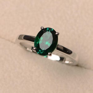 Lab emerald ring, May birthstone ring, green gemstone ring, oval shape emerald, solitaire ring for women