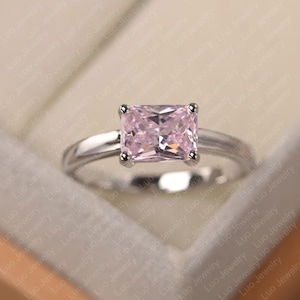 Pink cz ring, sterling silver engagement ring for women, emerald cut pink gemstone ring