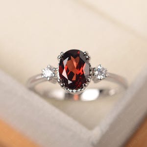 Natural red garnet ring, oval cut, sterling silver, January birthstone, engagement ring for her