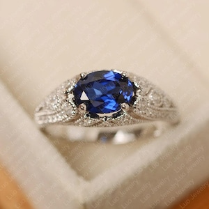 Blue sapphire ring, oval cut, September birthstone ring, sterling silver, anniversary ring