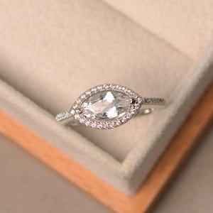 natural white topaz ring, marquise cut gemstone, sterling silver ring