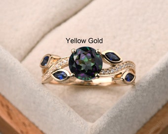 Round cut mystic topaz ring,branch engagement ring, 14k solid yellow gold,sapphire leaf ring