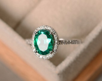 Lab emerald ring, sterling silver, May birthstone, promise ring, engagement ring