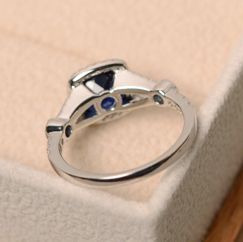 Sapphire engagement ring, cushion cut, blue sapphire ring, blue gemstone ring silver image 3