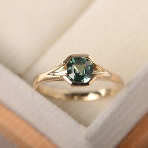 Green sapphire ring, asscher cut, bezel setting, 14k solid yellow gold, teal sapphire solitaire wedding ring