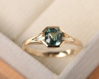 Green sapphire ring, asscher cut, bezel setting, 14k solid yellow gold, teal sapphire solitaire wedding ring