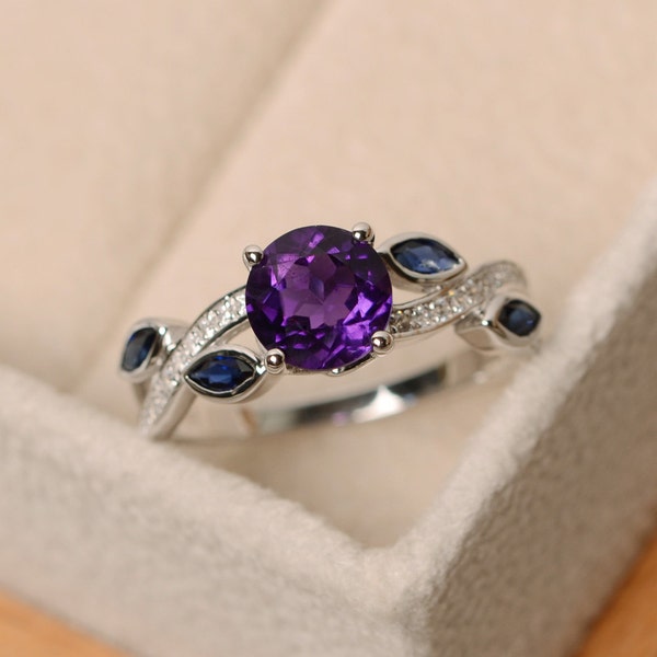 Amethyst ring, leaf ring, multistone ring, sterling silver, purple gemstone ring, amethyst engagement ring