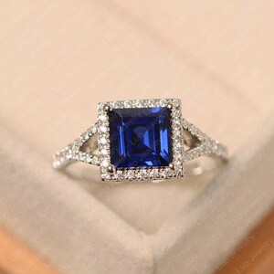 Lab sapphire ring, square cut September birthstone, sterling silver, anniversary ring for women