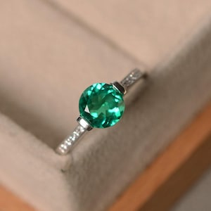 Emerald engagement ring, brilliant cut, May birthstone, sterling silver, lab emerald ring, promise ring