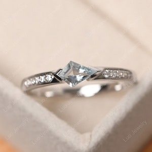 Delicate kite cut aquamarine stacking ring,sterling silver,March birthstone ring