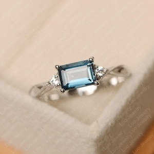London blue topaz ring, emerald cut, sterling silver, engagement ring for women
