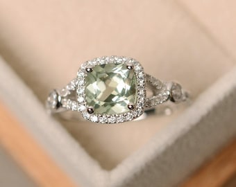 Green amethyst ring, cushion cut ring, sterling silver, green amethsyt