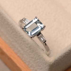 Natural aquamarine ring, emerald cut blue gemstone, engagement ring,March birthstone, sterling silver,funny gift