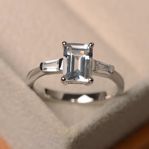 Natural white topaz ring, emerald cut colorless gemstone, sterling silver,delicate ring,November birthstone