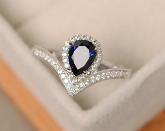 Sapphire ring, pear cut, sterling silver, engagement ring