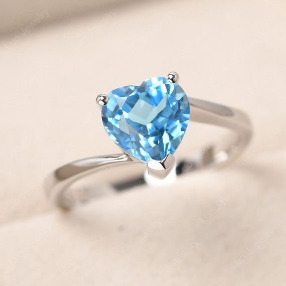 Genuine Swiss blue topaz statement ring,heart cut 2.34 carat solitaire ring,November birthstone
