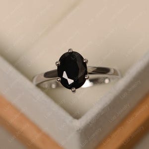 Black spinel ring, oval cut, black spinel gemstone ring, sterling silver, solitaire engagement ring