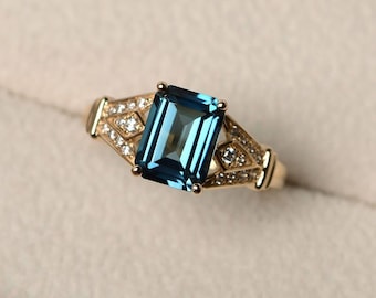 Real London blue topaz, 14k yellow gold rings, anniversary rings, emerald cut rings
