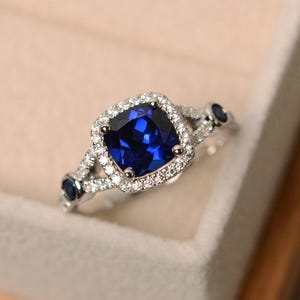 Sapphire engagement ring, cushion cut, blue sapphire ring, blue gemstone ring silver image 1