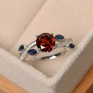Branch with leaves ring, January birthstone, round cut garnet anniversary ring