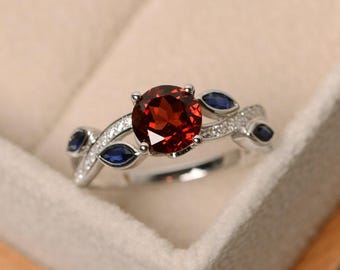 Branch with leaves ring, January birthstone, round cut garnet anniversary ring