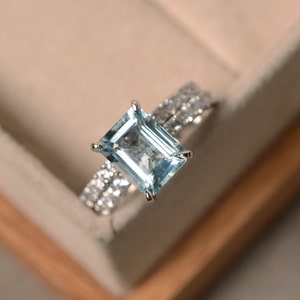 Aquamarine engagement ring, silver ring set, emerald cut aquamarine, wedding band set, March birthstone ring