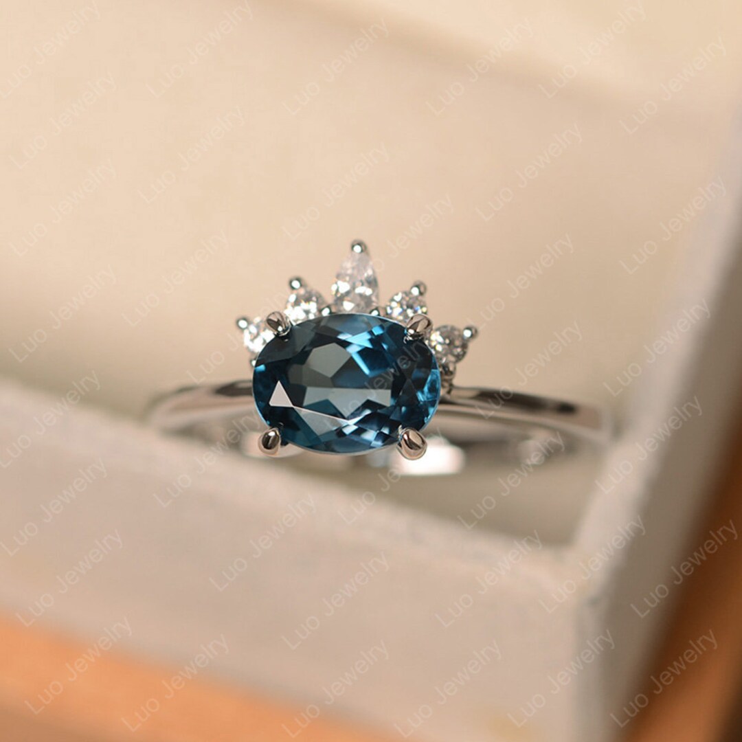 London Blue Topaz Ring, Half Halo Ring, Sterling Silver, Oval Cut ...