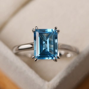 Swiss blue topaz wedding ring, silver solitaire minimalist ring, emerald cut November birthstone