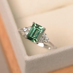 Lab green sapphire ring, sterling silver wedding ring, green emerald cut gemstone ring
