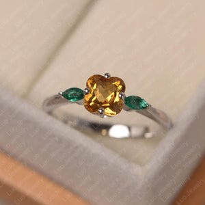Citrine and emerald ring, flower shape birthstone, sterling silver engagement ring for women