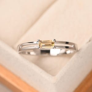 Delicate citrine ring, minimalist promise ring,baguette shaped, sterling silver, stackable wedding band