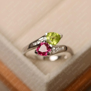 Peridot lab ruby ring, trillion cut, birthstone ring, sterling silver, engagement ring for women