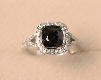 Black spinel ring, white gold, engagement ring, cushion cut, June birthstone ring