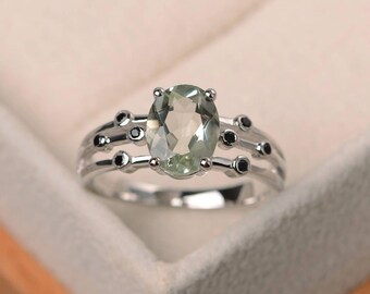 Engagement ring, natural green amethyst ring, oval cut green gemstone, sterling silver ring