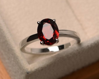 red garnet wedding ring, oval cut red gemstone ring, January birthstone ring, silver solitaire ring