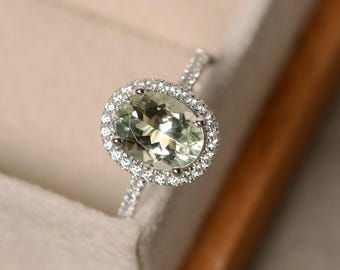 Green amethyst ring, halo engagement ring, oval cut, sterling silver green amethsyt