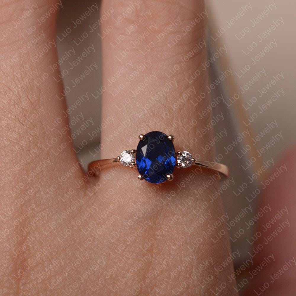 ブルーサファイア 14K ローズゴールド リング、オーバルカット