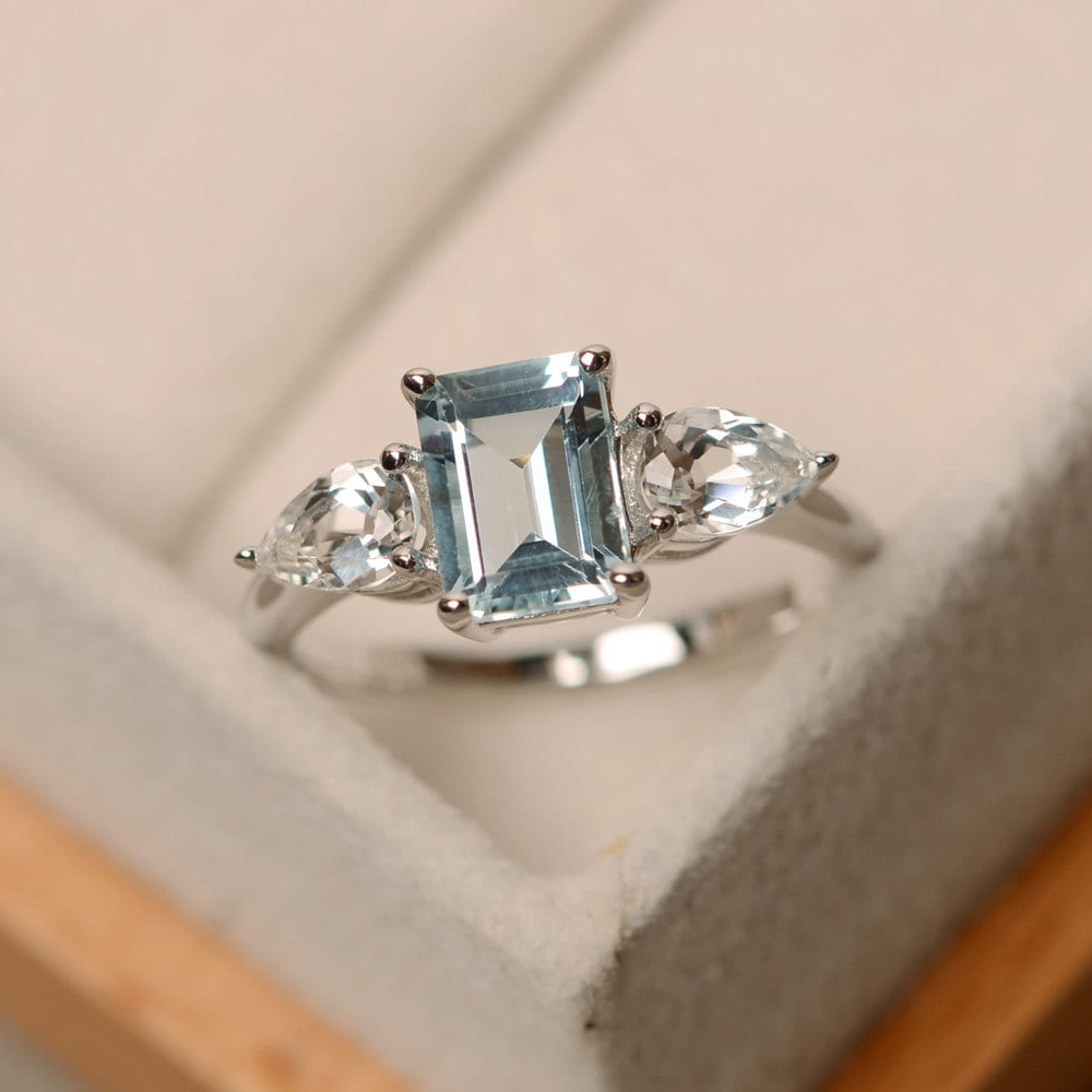 March birthstone ring aquamarine ring emerald cut Etsy
