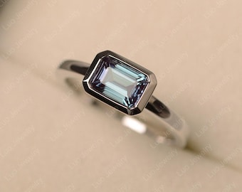 Unique bezel set engagement ring, Alexandrite east-west ring, color changing gemstone,June birthstone