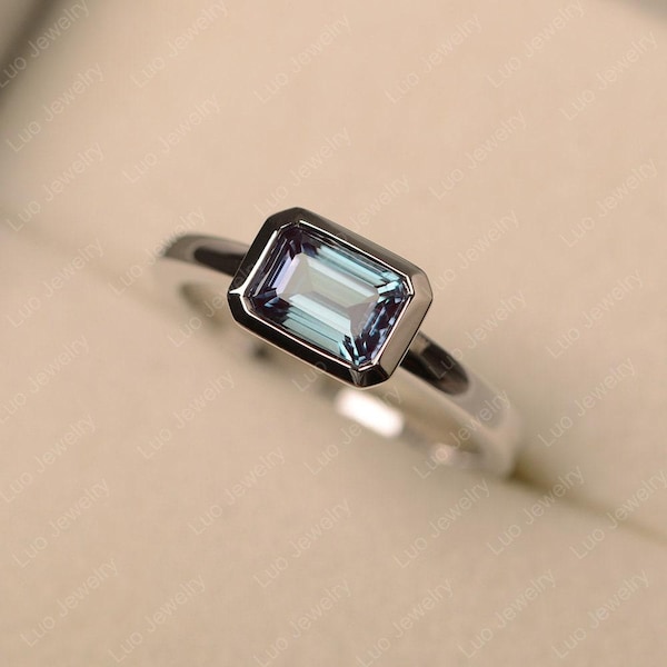 Unique bezel set engagement ring, Alexandrite east-west ring, color changing gemstone,June birthstone