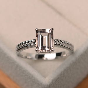 Natural pink morganite ring,  wedding ring, emerald cut gemstone, solitaire ring, sterling silver ring