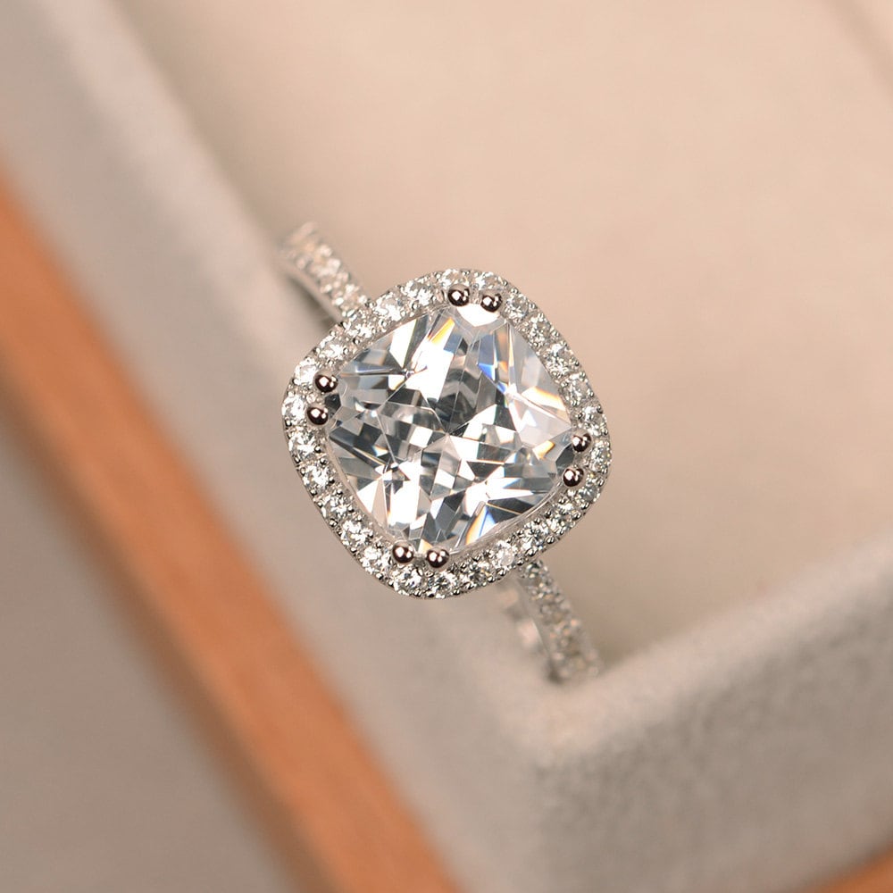 Cubic zirconia ring cushion cut engagement ring halo ring sterling silver CZ gold ring