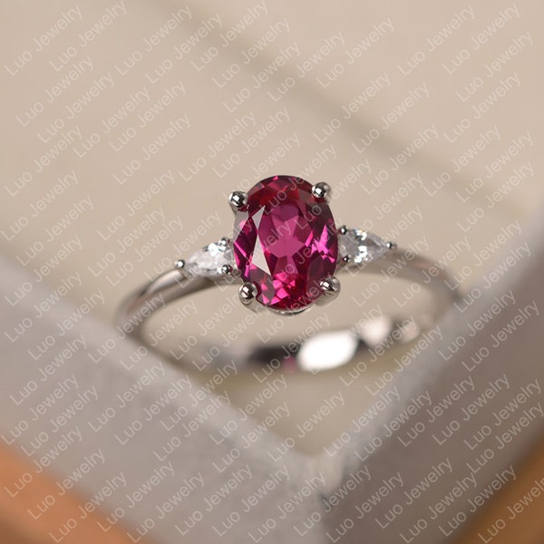 Ruby wedding ring, sterling silver engagement ring, oval cut July birthstone ring